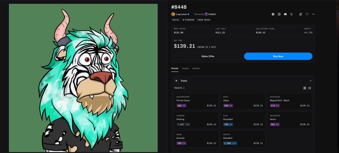 A screenshot of an OpenSea NFT listing for 'CryptoDick #8448' at a price of $139.21, showing an illustration of a character with a tiger/zebra-like head and glowing teal fur on the left.
