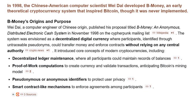 A screenshot detailing Wei Dai's 1998 proposal of B-Money, an early theoretical cryptocurrency featuring decentralized ledgers, proof-of-work, and pseudonymous identifiers that later inspired Bitcoin, as cited in Satoshi Nakamoto's whitepaper.
