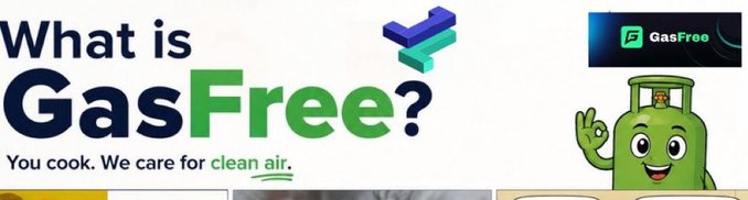 A clean white banner asking 'What is GasFree?' with the tagline 'You cook. We care for clean air,' featuring a green gas cylinder mascot and the GasFree logo.