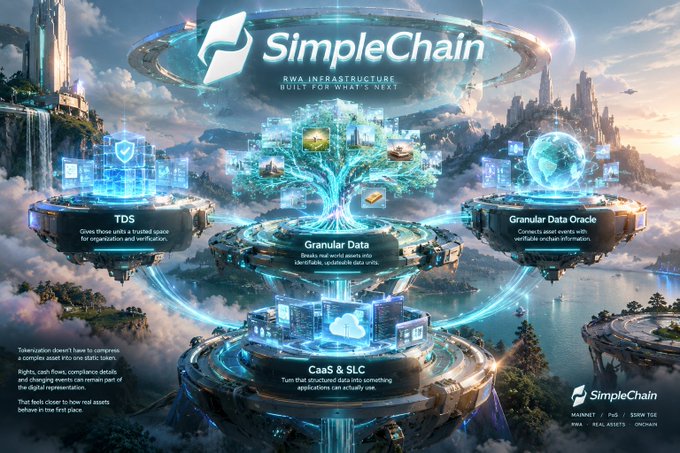 A promotional graphic for 'SimpleChain' featuring a fantasy cityscape with floating platforms labeled 'TDS', 'Granular Data', 'Granular Data Oracle', and 'CaaS & SLC', with the tagline 'RWA INFRASTRUCTURE BUILT FOR WHAT'S NEXT' and a tokenization disclaimer in the corner.