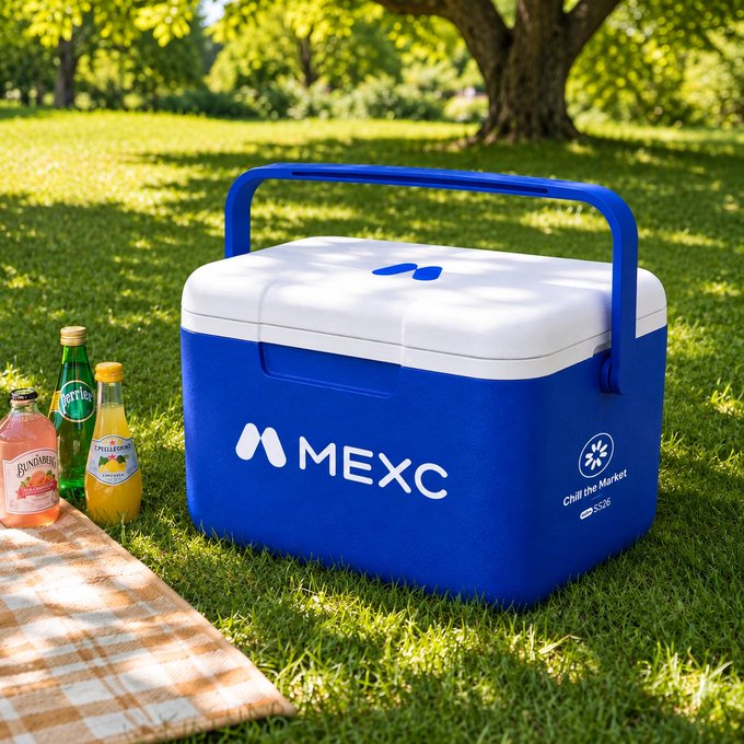 A blue and white MEXC branded cooler sits on green grass next to a picnic blanket and beverages including Perrier.