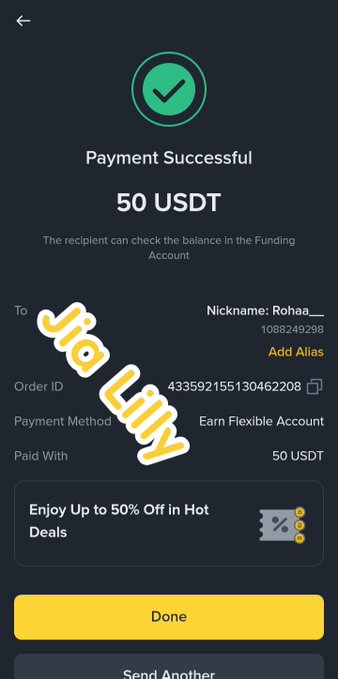 The image shows a phone screen displaying a payment success message for Jia Lilly. The message indicates that the payment has been successful, with a 50 USDT amount sent directly to Jia Lilly's account. The phone screen also displays an order ID of "Lilly" and a list of deals available on the app.