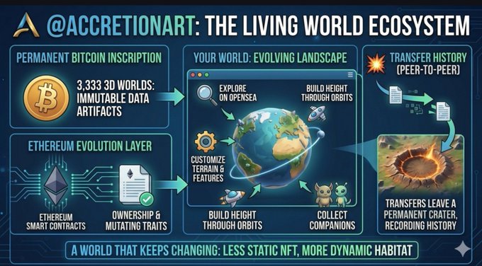 An infographic titled '@ACCRETIONART: THE LIVING WORLD ECOSYSTEM' illustrating a dynamic NFT project using permanent Bitcoin inscription and an Ethereum evolution layer for 3,333 3D worlds that evolve through orbits and crater transfers.