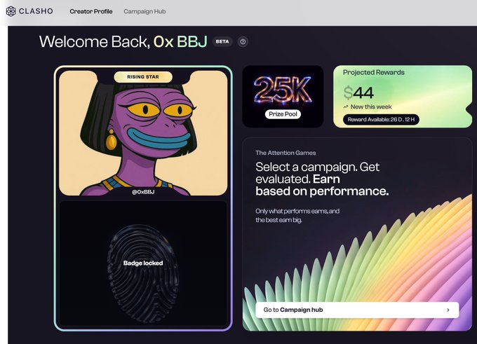 A screenshot of the CLASHO platform showing a 'Welcome Back, 0xBBJ' profile page with a purple character avatar, a 25K prize pool, and $44 in projected rewards.