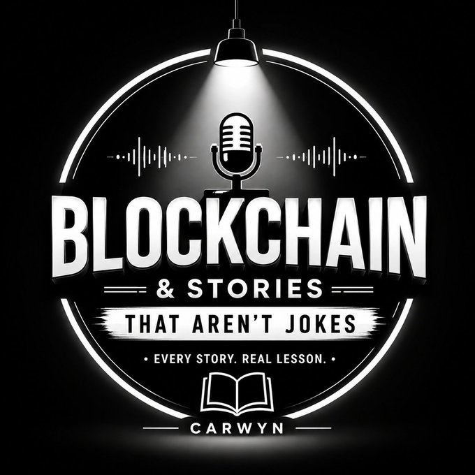 A black and white logo featuring a microphone under a spotlight with the text 'BLOCKCHAIN & STORIES THAT AREN'T JOKES', 'EVERY STORY. REAL LESSON.', and 'CARWYN'.