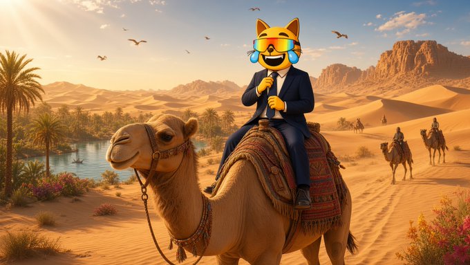 A digital illustration of a Shiba Inu character wearing a suit and rainbow sunglasses, riding a smiling camel through a desert oasis scene with other camel riders in the background.
