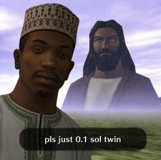 A man in traditional attire stands in the foreground with a Jesus-like figure behind him, with the text "pls just 0.1 sol twin" displayed. The image is a meme jokingly pleading for a small portion (0.1 SOL) of a crypto giveaway, tying into the post's $2500 Solana community giveaway.