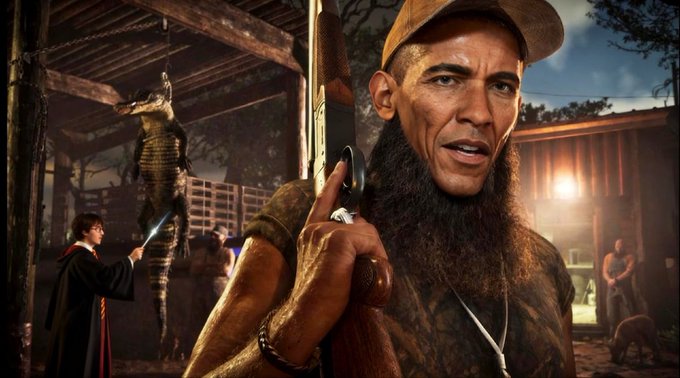A man resembling Barack Obama, disguised with a fake beard, hat, and holding a rifle, stands in the foreground, referencing the "Obama Sonic" meme. In the background, a figure in a Harry Potter costume points a wand at an alligator, tying into the "Harry Potter" portion of the "HarryPotterObamaSonic10Inu" reference.
