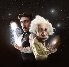 A spaceman with the faces of Nikola Tesla (holding a glowing energy sphere) and Albert Einstein appears against a cosmic background, humorously visualizing the "How i be feeling" sentiment as physically embodying two of history's greatest physics minds.