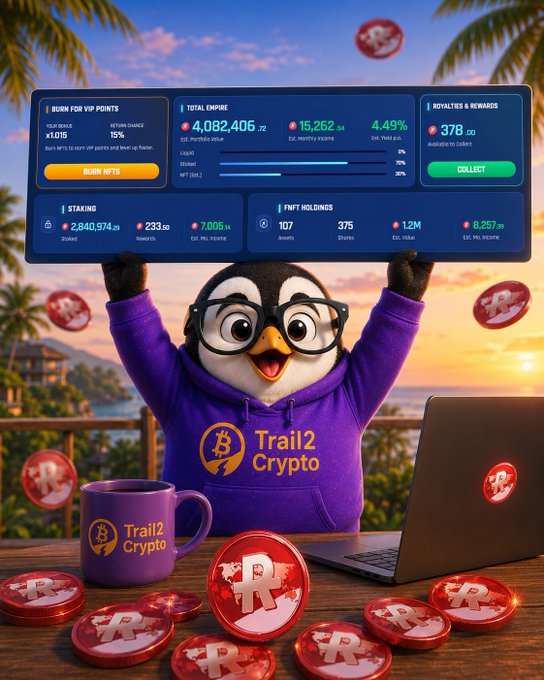 An illustration of a penguin in a purple 'Trail2 Crypto' hoodie holding up a dashboard showing empire stats, 4,082,406 tokens, 378 royalties, and 107 NFT holdings, with 'R' coins scattered on the table.