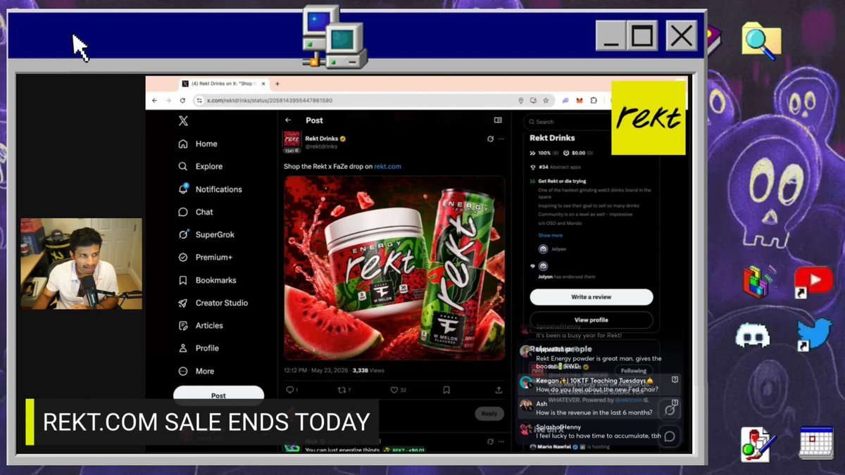 The image shows a computer screen displaying a website called Rekt.com, which is selling a product named "Rekt." The website has a banner advertisement for the product, and there are several social media icons visible on the screen as well. The post also mentions that Rekt is starting to escape the crypto bubble and enter mainstream internet culture.