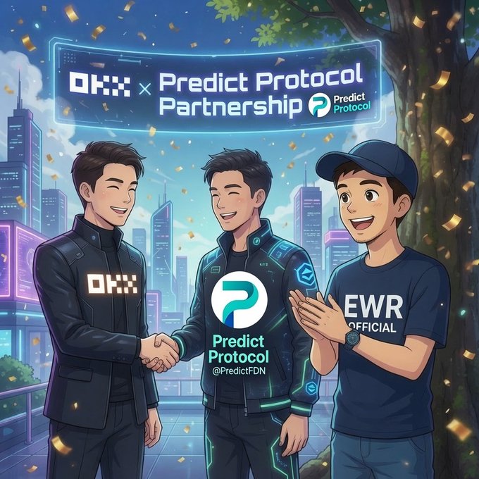 Promotional illustration for 'OKX x Predict Protocol Partnership' featuring three characters shaking hands in a futuristic city setting.