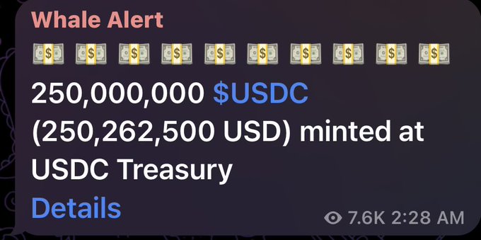A "Whale Alert" notification shows that 250,000,000 $USDC (valued at $250,262,500) was minted at the USDC Treasury, corresponding to the post's mention of "+250m $USDC" liquidity on Solana.