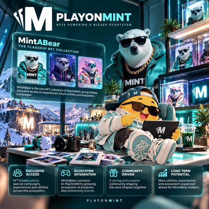 A promotional image for PLAYONMINT's 'MintABear' NFT collection showcasing Genesis, OG, and Special tier bears, with a yellow emoji character sitting on a desk using a laptop.