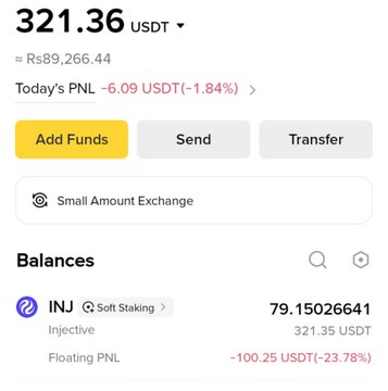 A crypto portfolio screenshot showing 321.36 USDT (~$89,266.44) in total value with a -6.09 USDT (-1.84%) daily loss, featuring an INJ position of 79.15026641 tokens currently valued at 321.35 USDT with a significant -100.25 USDT (-23.78%) floating PNL—reflecting the poster's hopeful plea for Injective to recover.