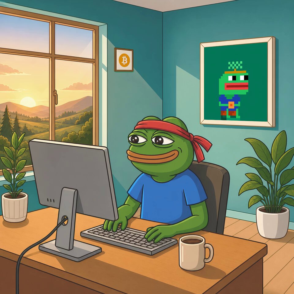 The image features a cartoon frog sitting at a desk with a computer monitor and keyboard. The frog appears to be working or studying while wearing a red bandana around its neck. There are also two potted plants, one near the left side of the image and another on the right side. A cup is placed next to the computer monitor, suggesting that the frog might enjoy a beverage while working. The background shows a window with an outdoor view, which could be a part of a home office or a creative workspace.