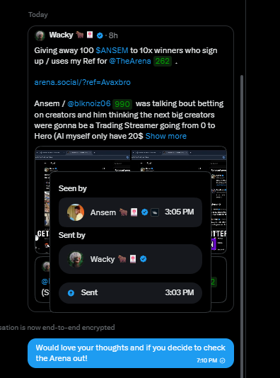 A Telegram/Discord message from 'Wacky' announcing a giveaway of $ANSEM to 10 winners who sign up for @TheArena, referencing trading streamer Ansem.