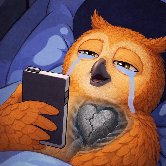 An illustration of an orange, fluffy owl-like creature crying streaming tears while looking at a smartphone, clutching a cracked grey heart.