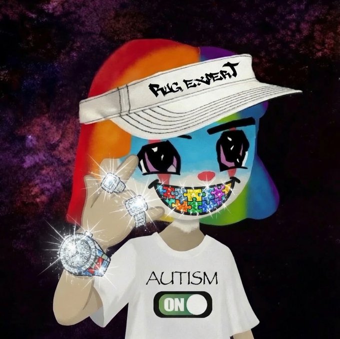 Digital art of a rainbow-haired character with a puzzle-piece smile, wearing a white visor reading 'FUCK EVERYBODY' and a t-shirt that says 'AUTISM ON'.