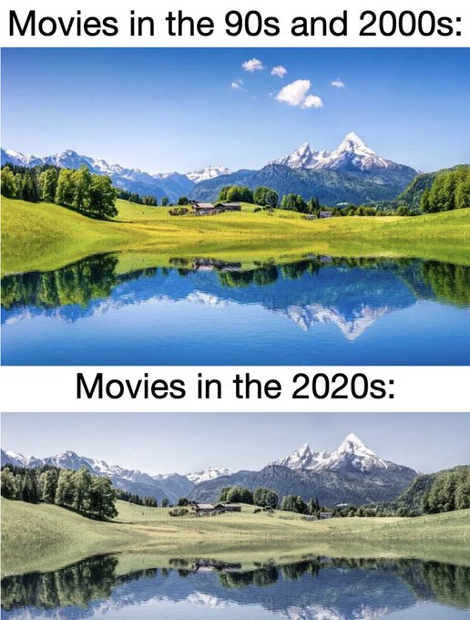 A comparison meme contrasts 'Movies in the 90s and 2000s' (showing a vibrant, saturated landscape with mountains and a lake) with 'Movies in the 2020s' (showing the same scene in a dull, desaturated, grayish tone).