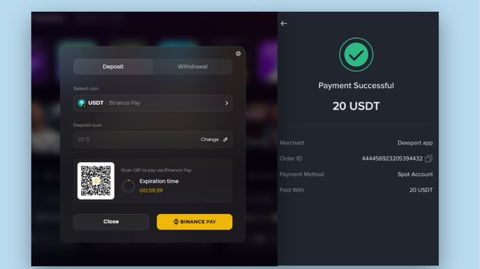 A split-screen cryptocurrency payment interface: the left side shows a Binance Pay deposit screen for 20 USDT with a QR code and a 3-minute expiration timer, while the right side displays a "Payment Successful" confirmation screen for the 20 USDT transaction to "Dexport app."