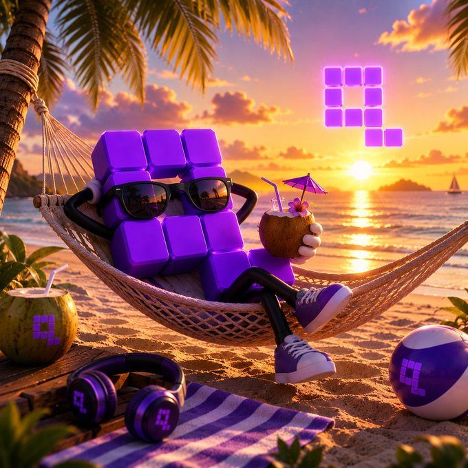 A 3D illustration of a purple blocky character wearing sunglasses, relaxing in a hammock on a beach at sunset while holding a coconut drink, with a purple "Q" logo in the sky.