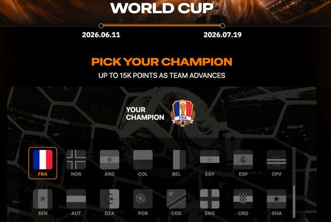 A 'World Cup Pick Your Champion' promotional screen (2026.06.11 - 2026.07.19) offering up to 15K points, with FRA highlighted as the selected champion alongside other national flags.