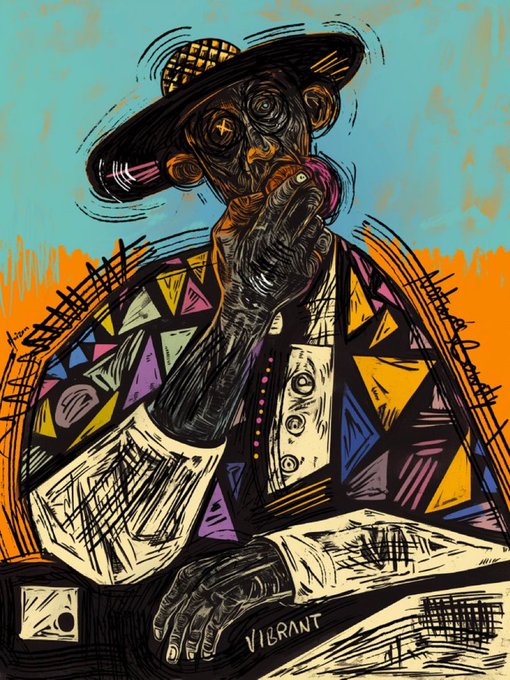 A vibrant, colorful illustration of a figure wearing a wide-brimmed hat and a geometric-patterned jacket, holding a finger to their face, with the word "VIBRANT" visible at the bottom.