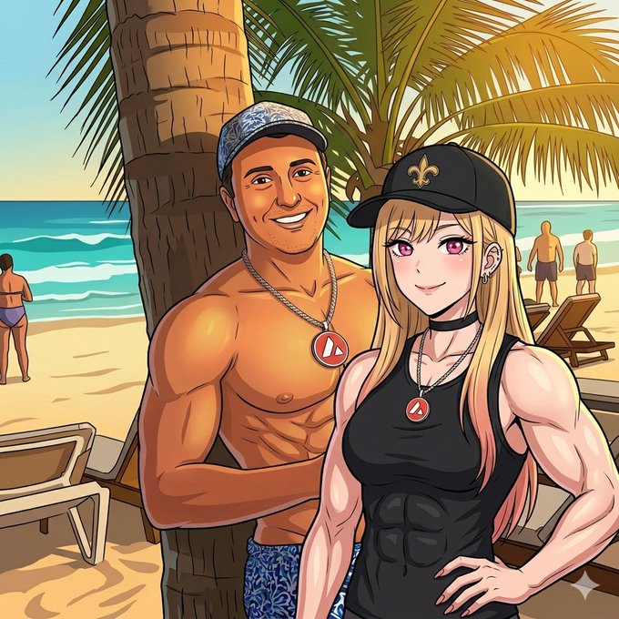 An anime-style illustration of a muscular shirtless man wearing a cap and a blonde woman in a black tank top and cap, both wearing Avorak (AVRK) logo pendants, posing on a tropical beach with palm trees and loungers.