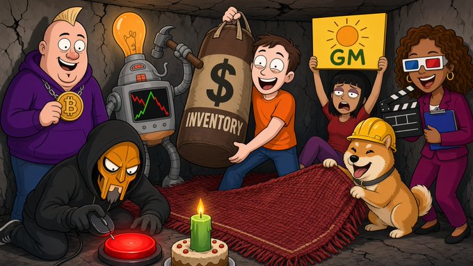 A colorful cartoon illustration depicting various crypto-themed characters, including figures with a Bitcoin coin, a dog in a construction hat, someone holding a "GM" sign, a robot, and a hooded figure with a red button.