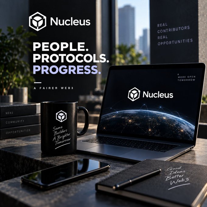 A promotional graphic for "Nucleus" with the tagline "PEOPLE. PROTOCOLS. PROGRESS. A FAIRER WEB3", featuring branded merchandise including a black mug, a laptop displaying the logo, a smartphone, and a notebook.