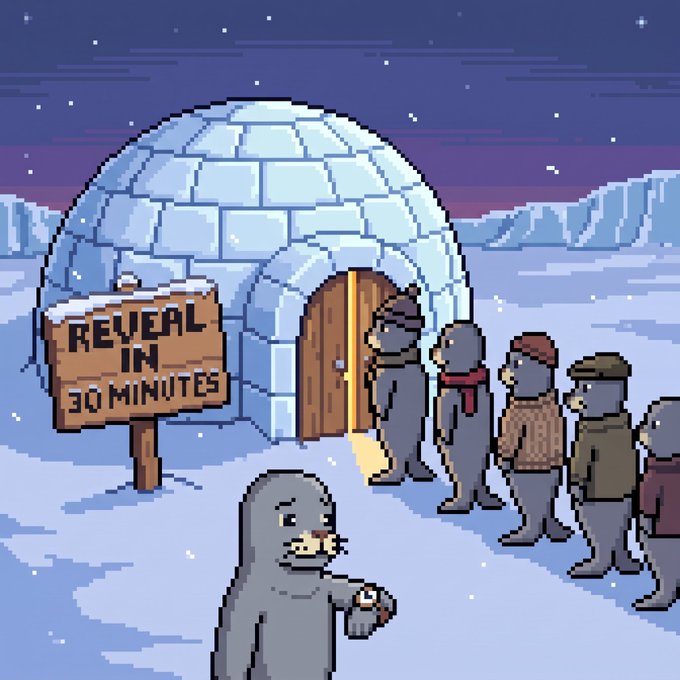 A pixel art scene showing seals queuing outside an igloo with a wooden sign reading 'REVEAL IN 30 MINUTES', while one seal in the foreground checks its watch impatiently.