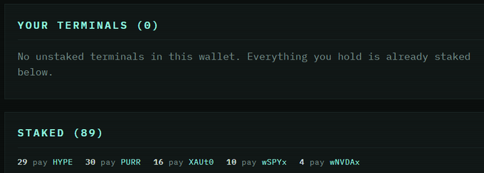 A dark-themed digital interface shows sections for 'YOUR TERMINALS (0)' and 'STAKED (89)', listing tickers including HYPE, PURR, XAU₮0, wSPYx, and wNVDAx with associated 'pay' amounts.