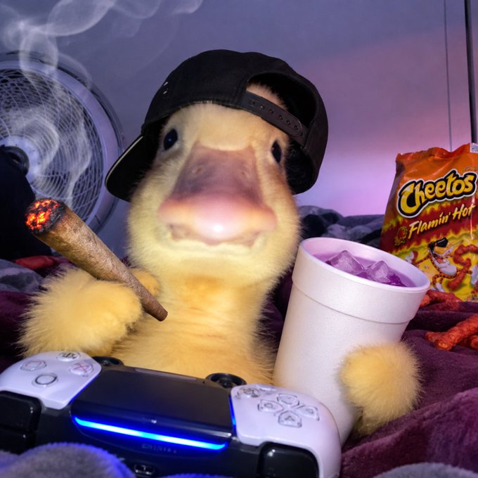 A humorous edited image of a yellow duckling wearing a backwards black cap, holding a lit cigar and a white cup of purple ice, with Cheetos Flamin' Hot and a PlayStation controller in the foreground.