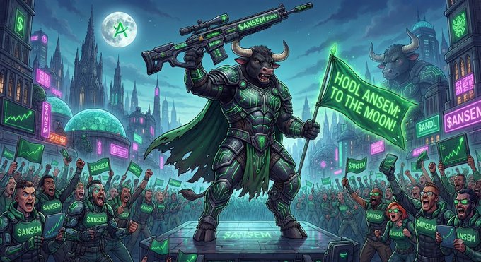 A vibrant green-themed digital illustration shows a minotaur-like armored warrior holding a sniper rifle and a flag reading "HODL ANSEM TO THE MOON," surrounded by a cheering crowd and neon-lit cityscape with "SANSEM" branding throughout.