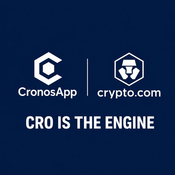 Dark blue graphic featuring the CronosApp and crypto.com logos with the text 'CRO IS THE ENGINE'.