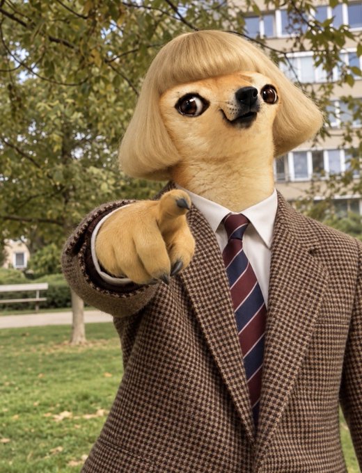 An AI-generated image of a dog wearing a blonde bob wig and a brown houndstooth suit with a red striped tie, pointing at the camera in a park setting.
