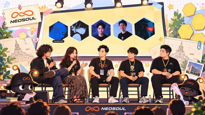 Illustration of a panel discussion at a NEOSOUL event, showing six people seated on stage with microphones, framed by mascot illustrations and avatar portraits.