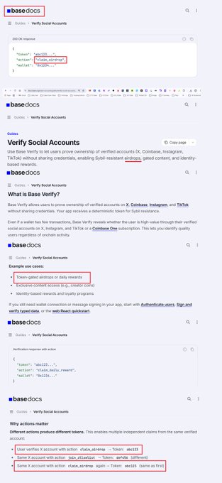 The image shows a screenshot of a webpage with a title that reads "VERY IMPORTANT I found something interesting inside @base docs about a possible airdrop signal BASE can identify quality users not only through on-chain activity but also through verified social accounts". The text in the image is related to the post, which suggests that there might be some information or advice about base-related topics.