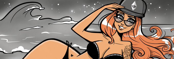 An anime-style illustration of a woman with long orange hair wearing a black bikini top, sunglasses, and an Ethereum-logo cap, posing on a beach.