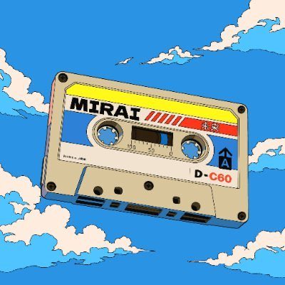 A stylized illustration of a retro cassette tape labeled "MIRAI" (with Japanese characters "未来") and "D-C60" floats against a blue sky with clouds, serving as promotional artwork for the @MiraipopNFT_ giveaway offering GTD spots to participants who follow, comment their EVM address, like, and retweet.