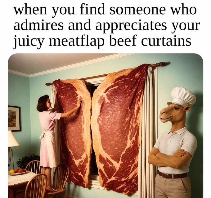 A meme with the text 'when you find someone who admires and appreciates your juicy meatflap beef curtains' shows a surreal vintage scene of a woman hanging giant steaks as curtains while a chef-wearing camel watches.