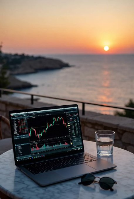 A laptop displays green and red candlestick trading charts on a marble table beside a glass of water and sunglasses, with a stunning ocean sunset in the background. The scene captures the "stay locked in" mentality—watching the markets as the sun sets over the water, ready to make moves in a new day.