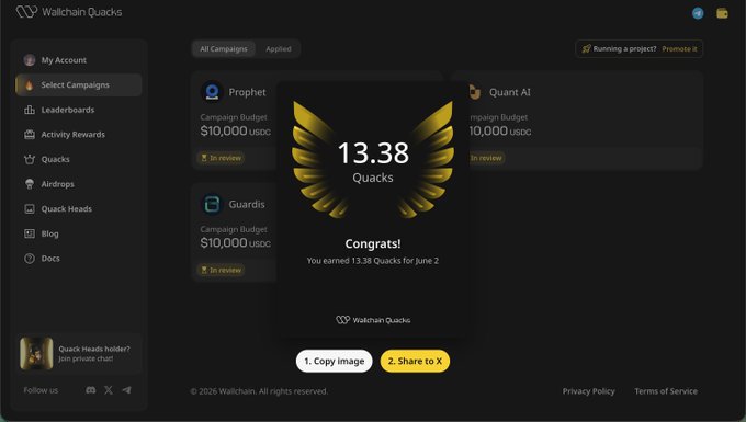 "You've earned 13.38 QUACKS @wallchainwenSelect.