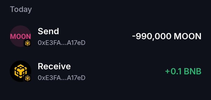 A cryptocurrency transaction record showing a Send of -990,000 MOON to address 0xE3FA...A17eD and a Receive of +0.1 BNB from the same address.