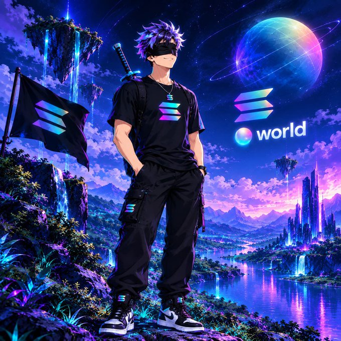 An anime-style character with a blindfold and sword stands in a cosmic landscape featuring a "world" logo, symbolizing a mysterious collaboration between Solana and World.xyz ahead of "9.9."