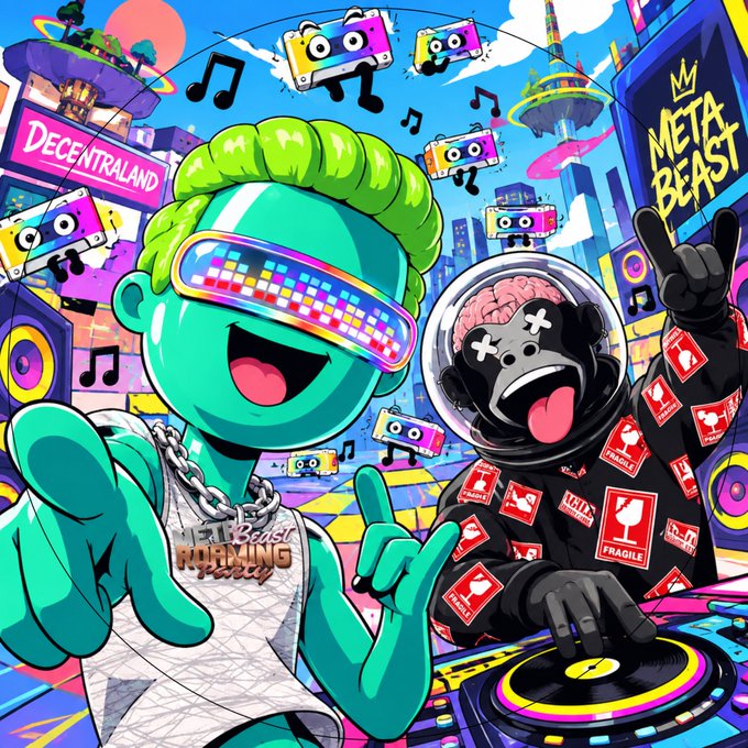 A colorful cartoon illustration featuring a green character wearing pixelated sunglasses and a chain that says 'BEAST' next to a black-suited character with X eyes DJing in a vibrant cityscape with 'DECENTRALAND' and 'META BEAST' signage.