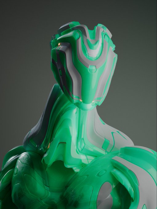 A 3D render of a futuristic green and silver robotic/sci-fi helmet and upper torso armor with a glossy translucent appearance.