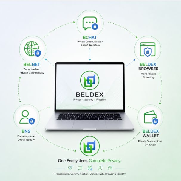 A diagram shows a laptop displaying the "BELDEX" logo at the center, surrounded by five interconnected privacy-focused services in the Beldex ecosystem: **BCHAT** (Private Communication & BDX Transfers), **BELNET** (Decentralized Private Connectivity), **BELDEX BROWSER** (More Private Browsing), **BNS** (Pseudonymous Digital Identity), and **BELDEX WALLET** (Private Transactions On-Chain). The tagline "One Ecosystem. Complete Privacy." appears below, visually reinforcing the post's message that Beldex is building privacy as comprehensive infrastructure—covering transactions, communication, connectivity, browsing, and identity.