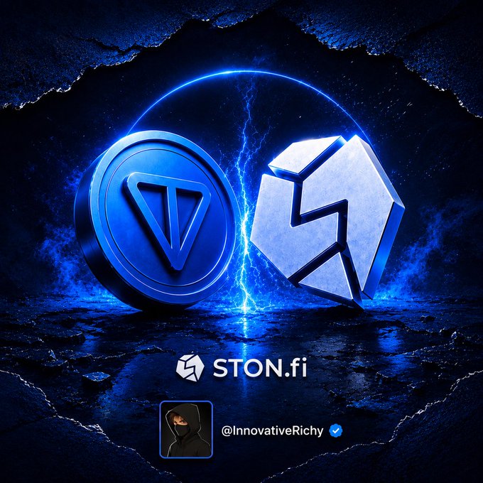 The image features two large, glowing blue crypto coin symbols—one representing Toncoin (TON) on the left and another cracked/fragmented coin on the right—set against a dramatic dark, rocky background with electric blue lightning. The "STON.fi" logo appears at the bottom alongside the handle "@InnovativeRichy" with a blue verification checkmark. The visual ties into the post's message about liquidity and the GRAM ecosystem on The Open Network, with STON.fi presented as a key component of that DeFi economy.